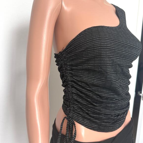 new black shimmer silver stripe one shoulder ruched top TLS1 2915 - Picture 10 of 10